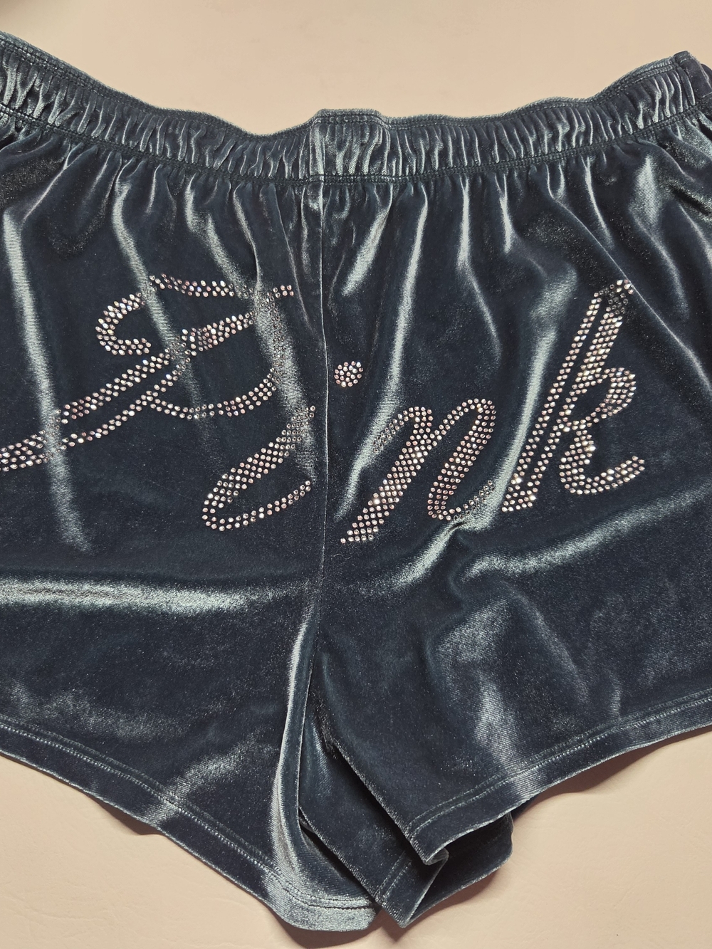 Velvet Rhinestone 'Pink' Script Women’s Shorts - Blue